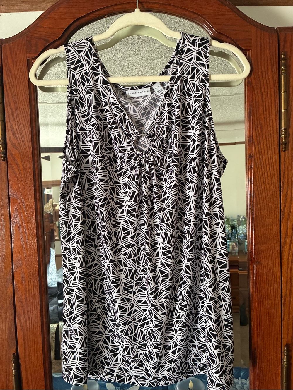 Susan Graver Black & White Geometric Knot-Front Sleeveless Tank